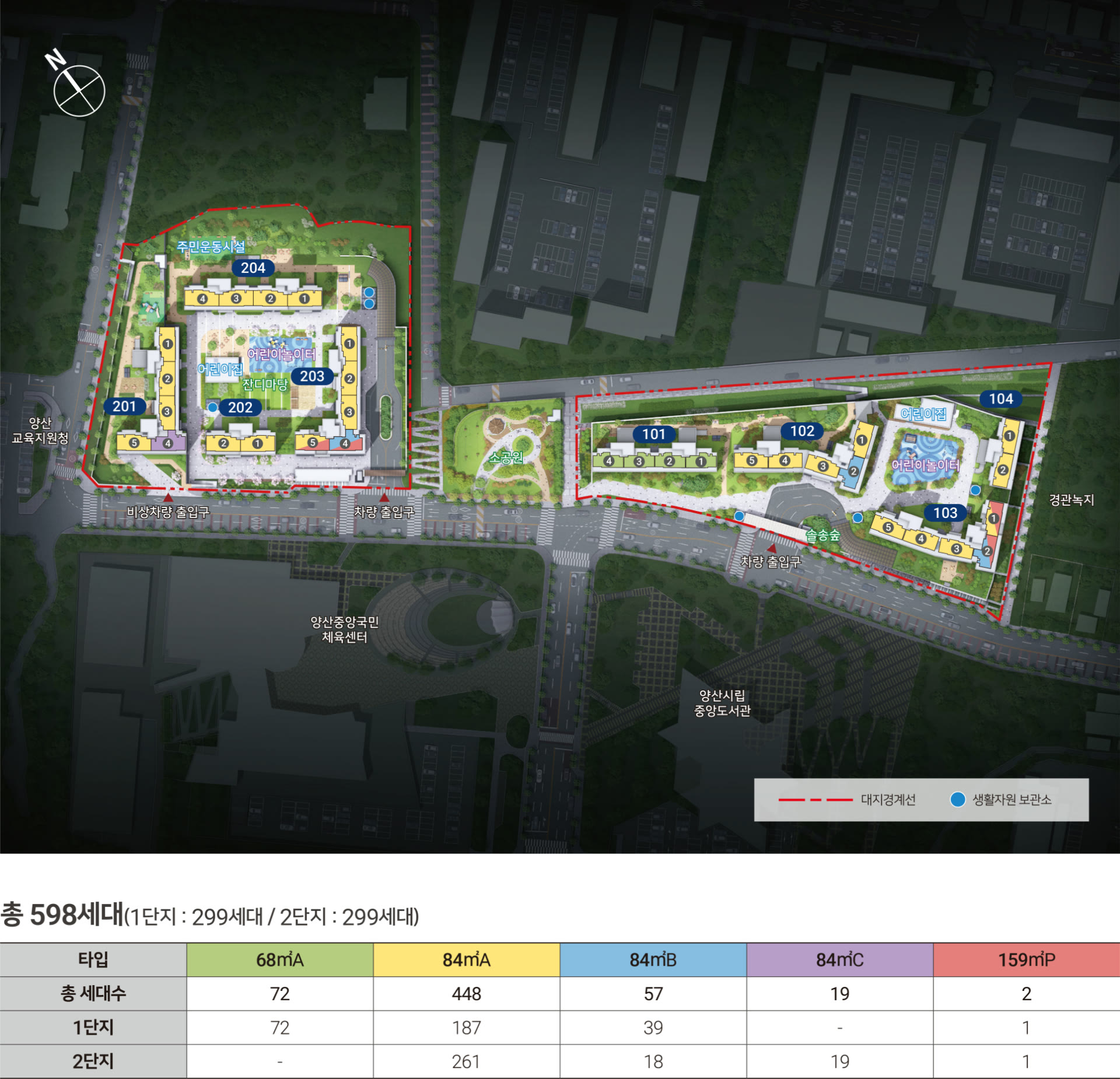 힐스테이트 양산더스카이 단지배치도 — 301~309동 8개동 총 598세대, 커뮤니티·부대시설 배치